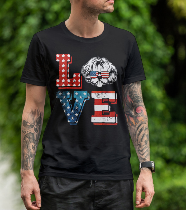 Love Shih Tzu Patriotic American Flag Sunglasses T-Shirt