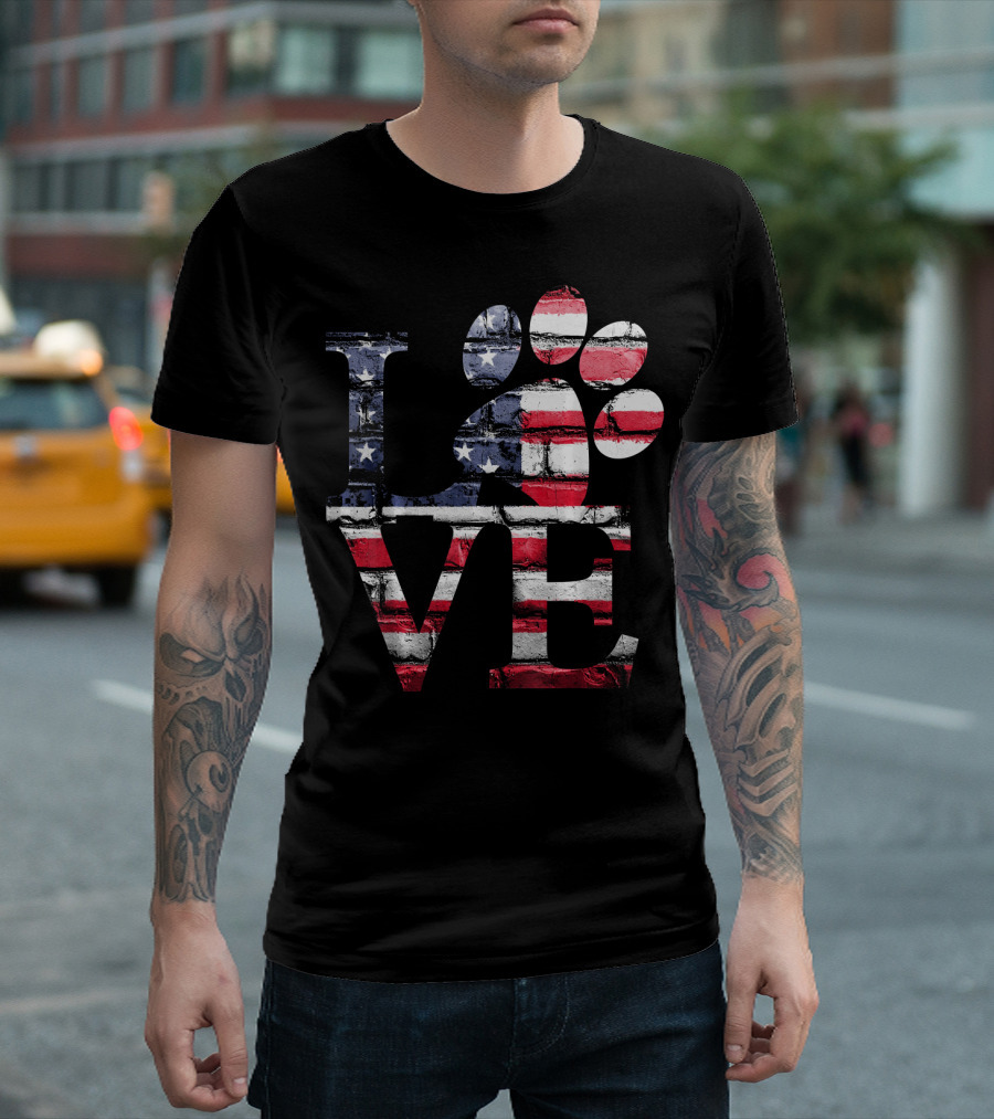 Patriotic Love USA Flag Style with Dog Paw T-Shirt