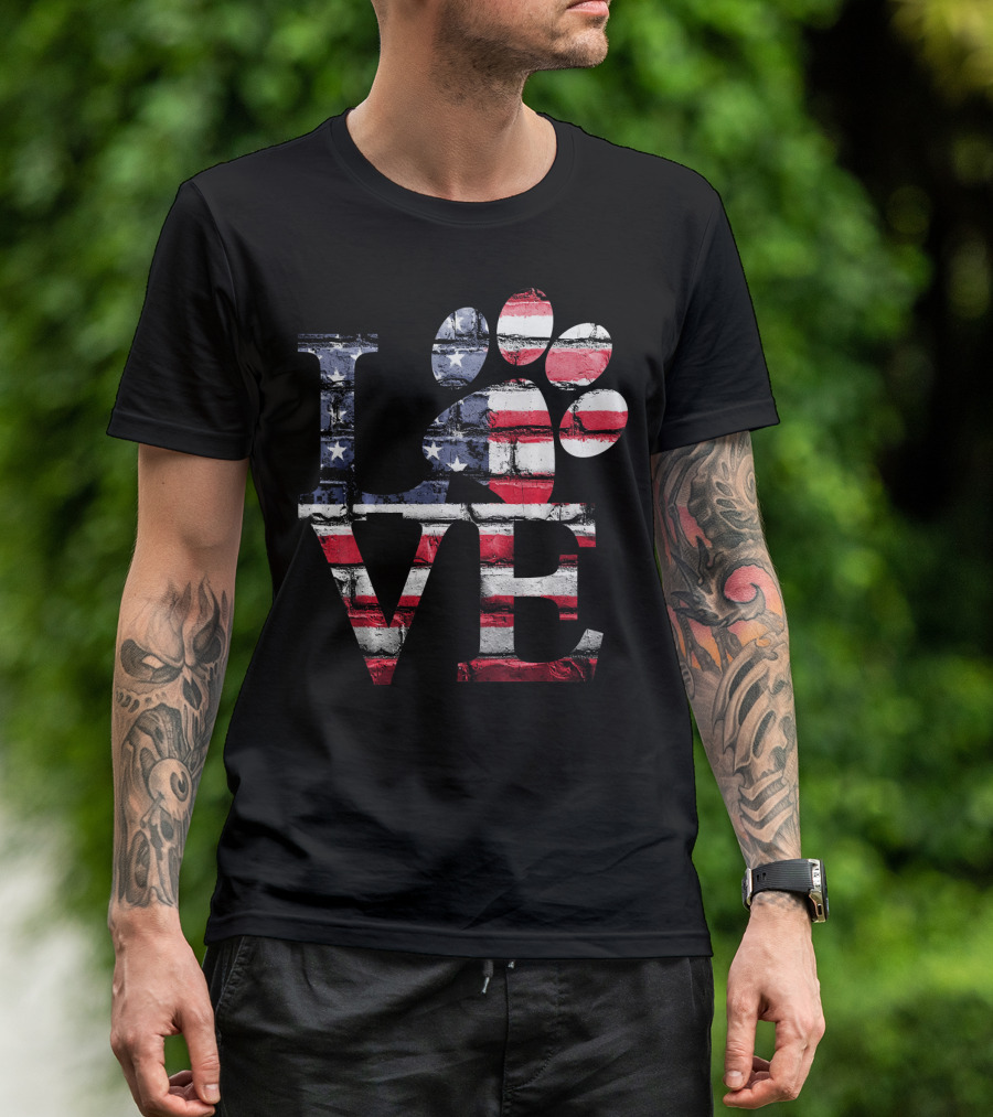 Patriotic Love USA Flag Style With Dog Paw T-Shirt
