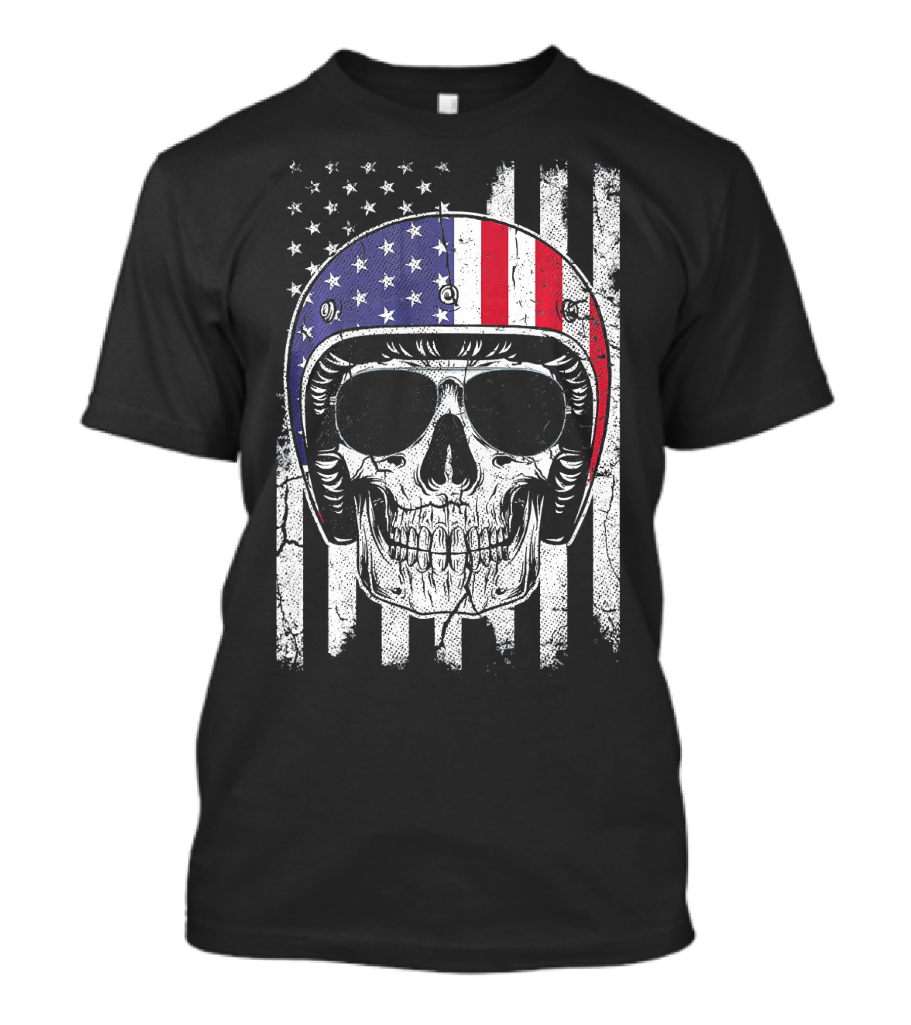 Patriotic 4th Of July American Flag Skull With Motorcycle Helmet T-Shirt