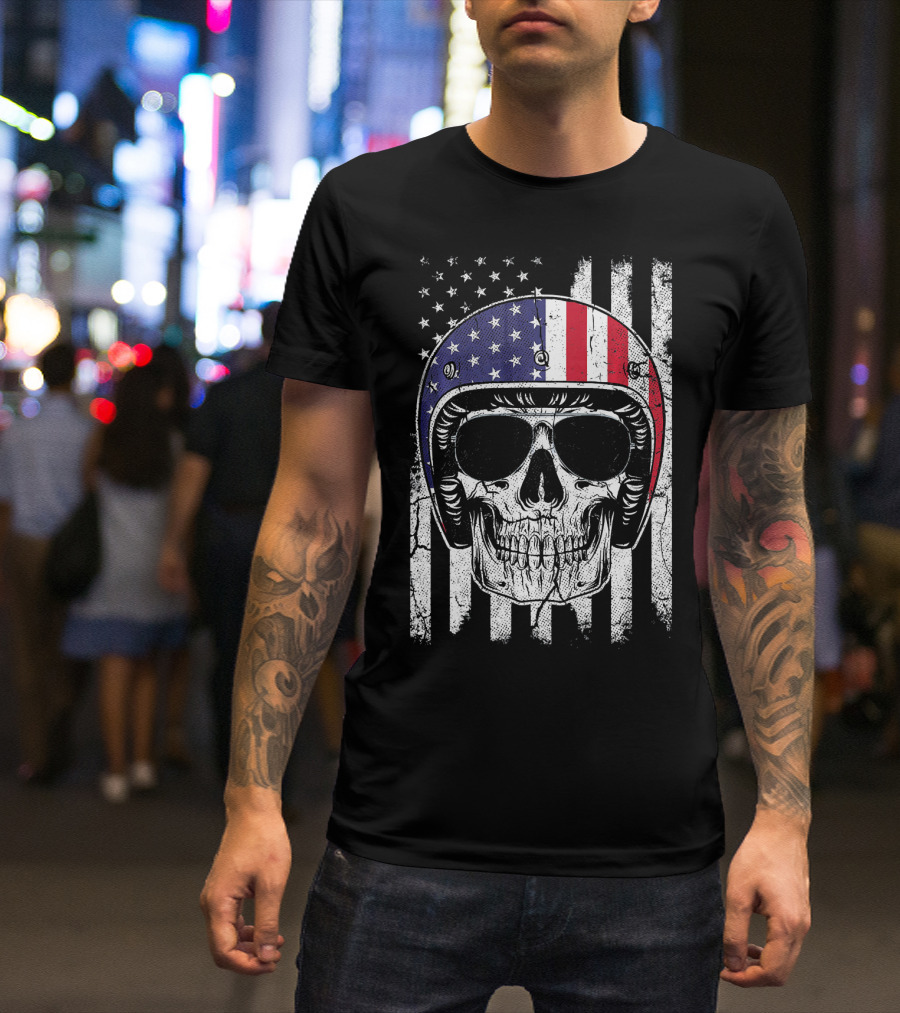 Patriotic 4th Of July American Flag Skull With Motorcycle Helmet T-Shirt
