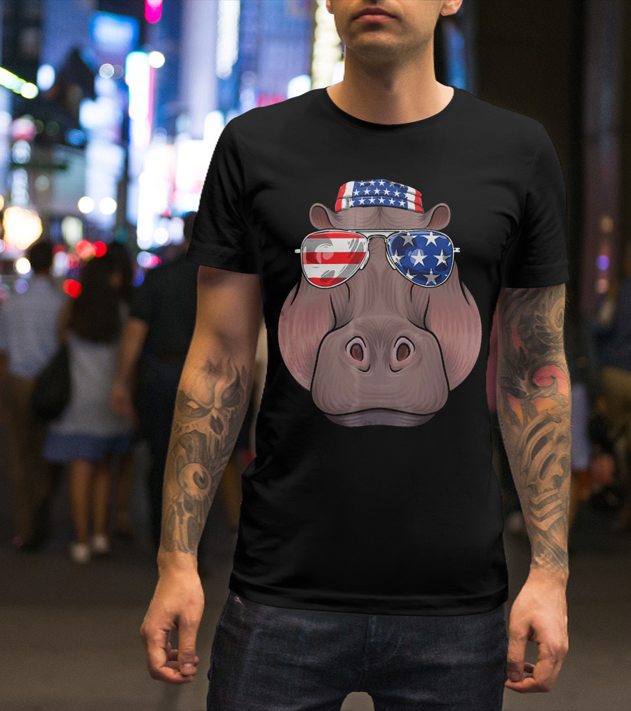 Patriotic Hippo With American Flag Glasses And Bandana For 4th Of July T-Shirt