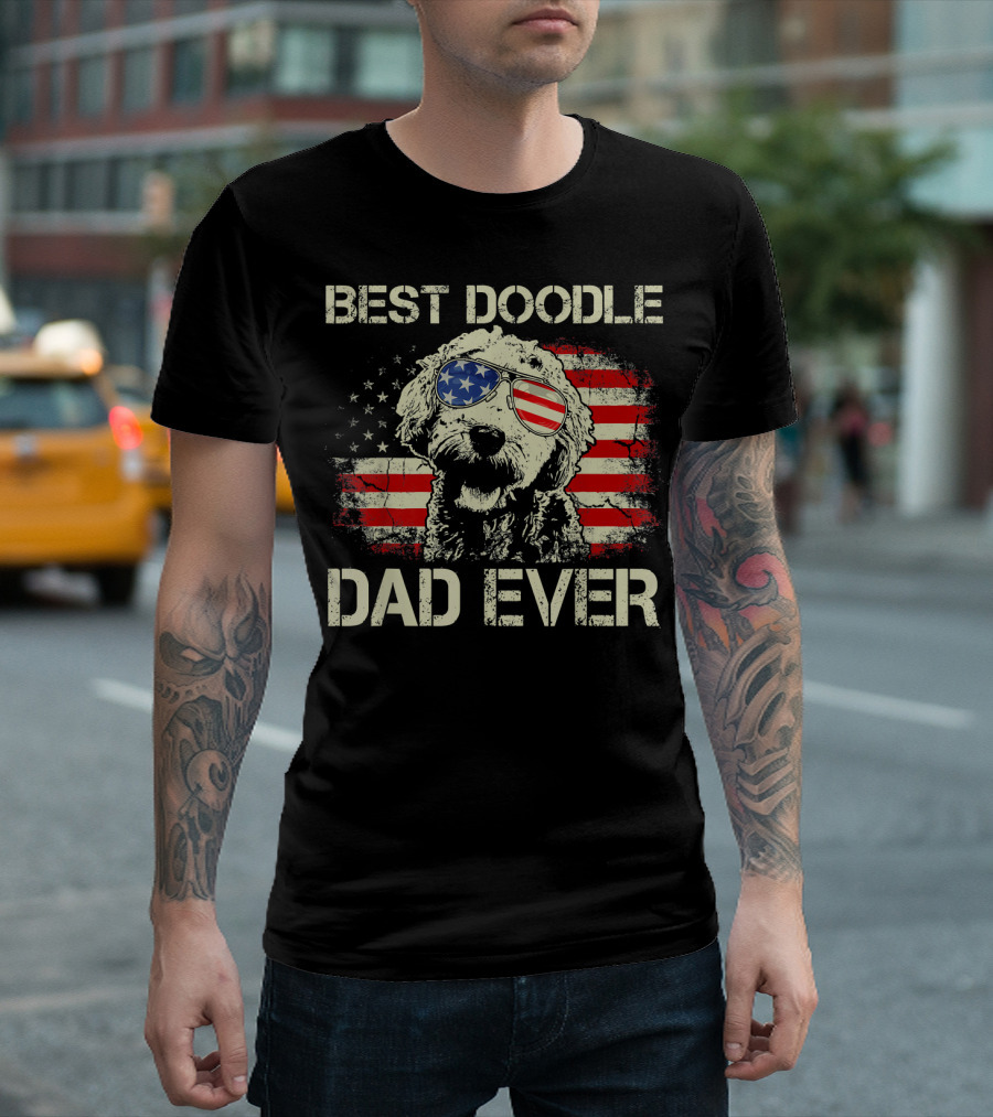 Best Doodle Dad Ever USA Flag Sunglasses Dog T-Shirt