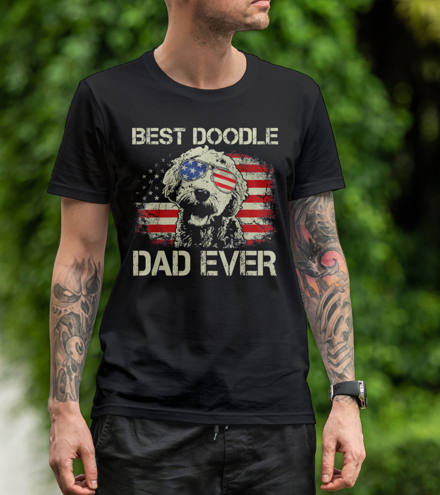 Best Doodle Dad Ever USA Flag Sunglasses Dog T-Shirt