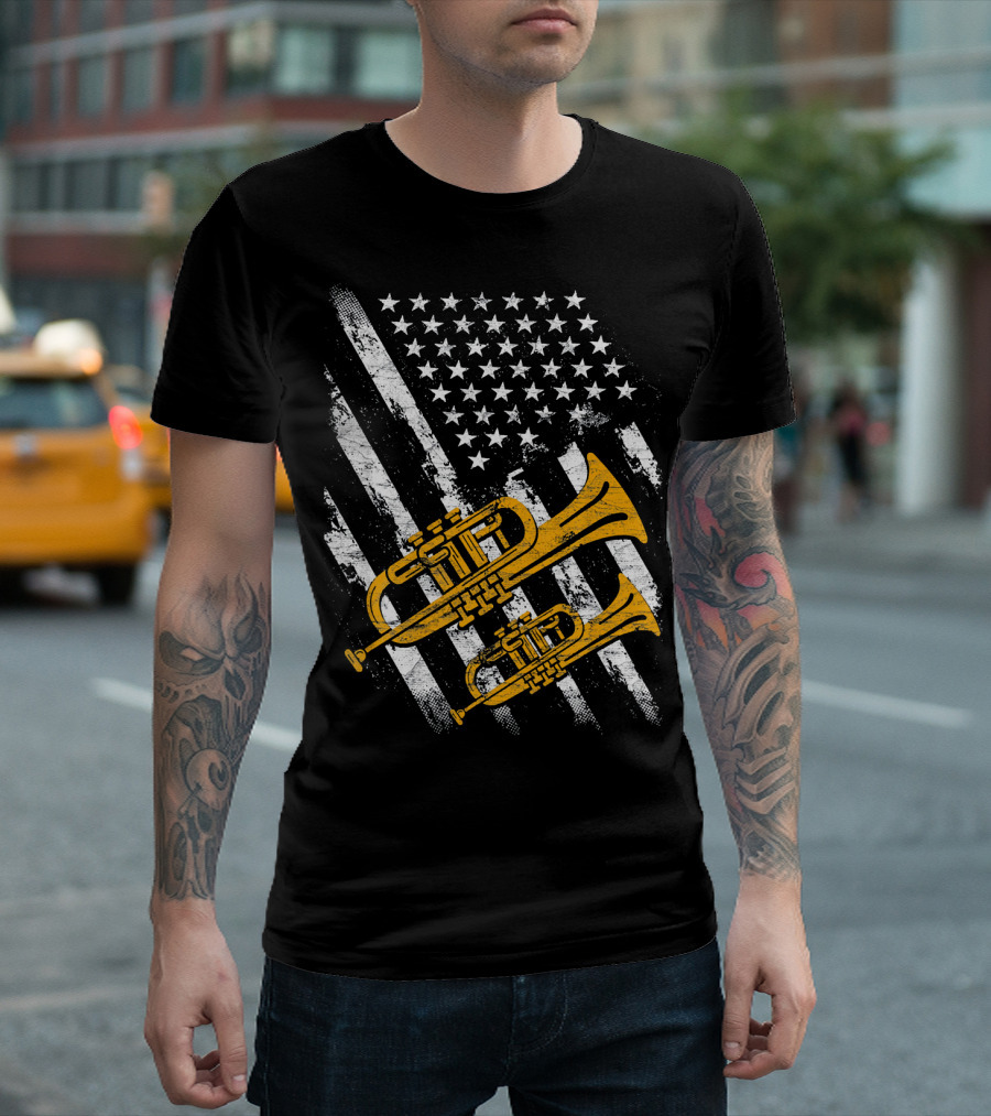 American Flag Distressed Trumpet USA Patriotic T-Shirt