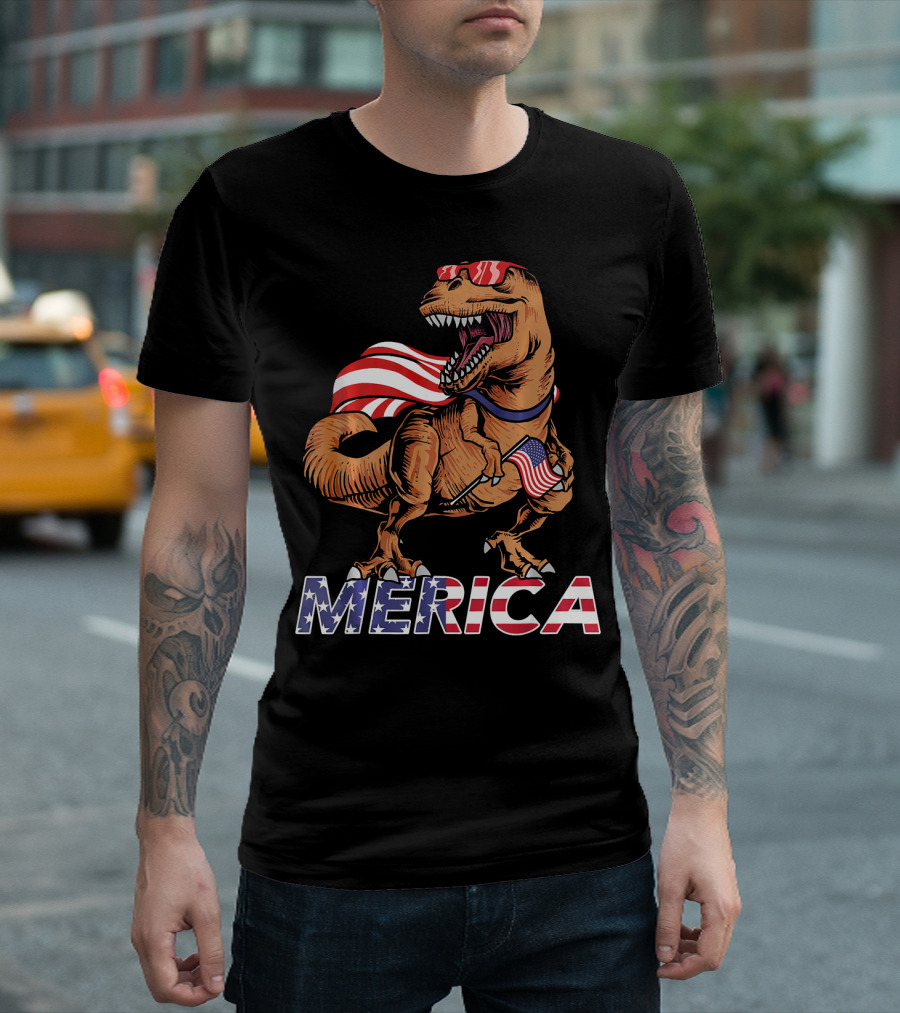 Merica T-Rex with American Flag Sunglasses and Cape T-Shirt