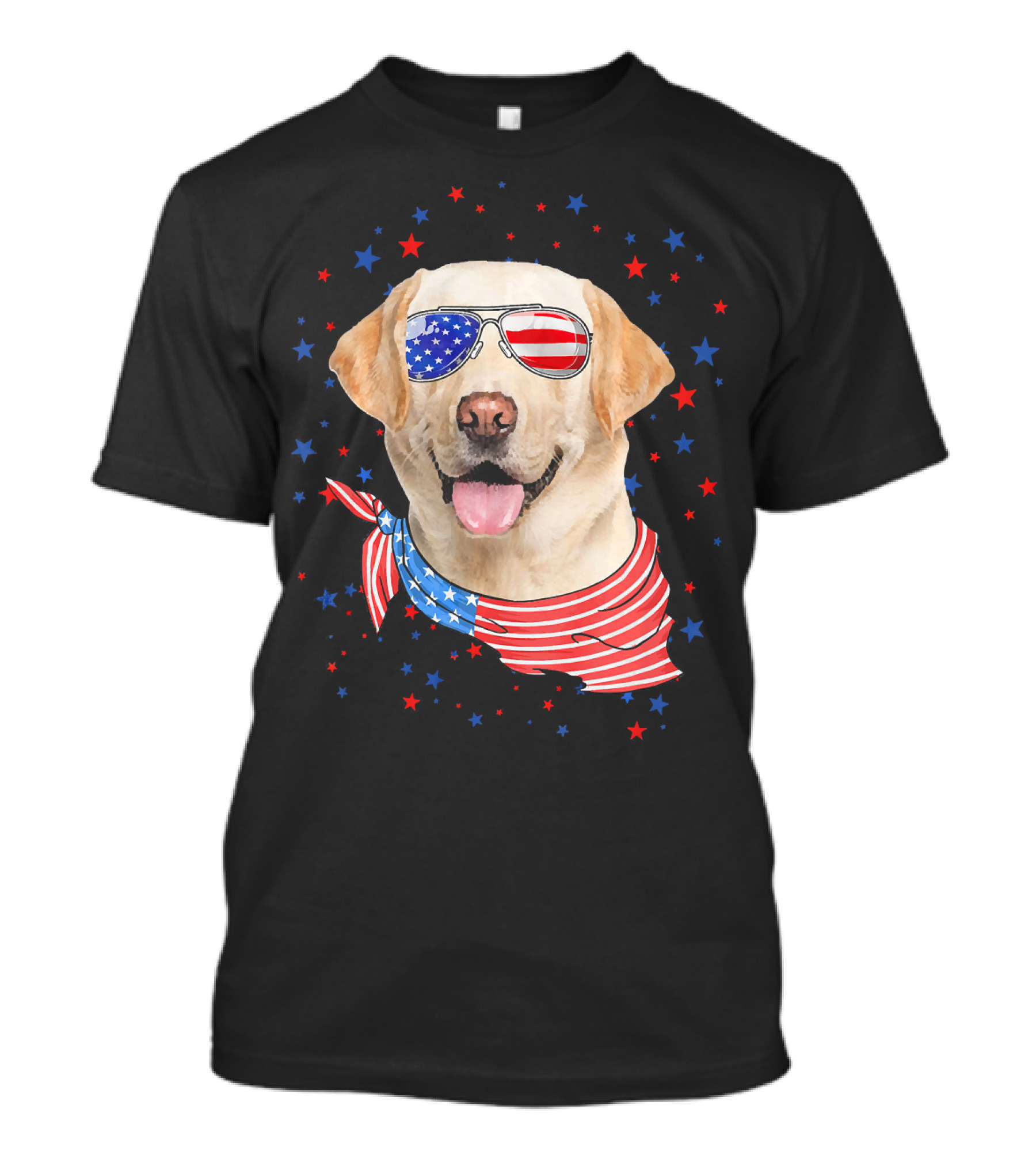 American Flag Labrador With Patriotic Sunglasses And Scarf Surrounded By Stars T-Shirt