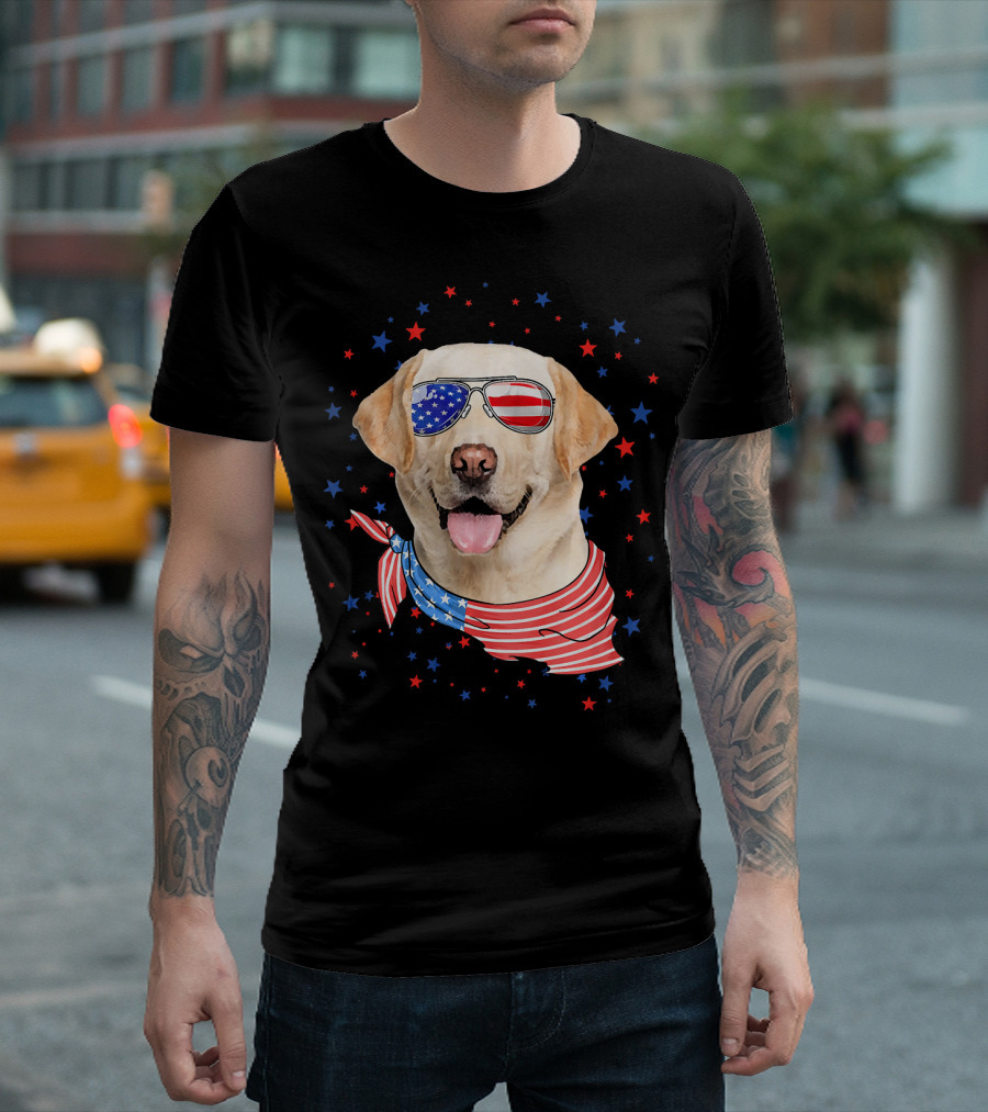 American Flag Labrador with Patriotic Sunglasses and Scarf Surrounded by Stars T-Shirt