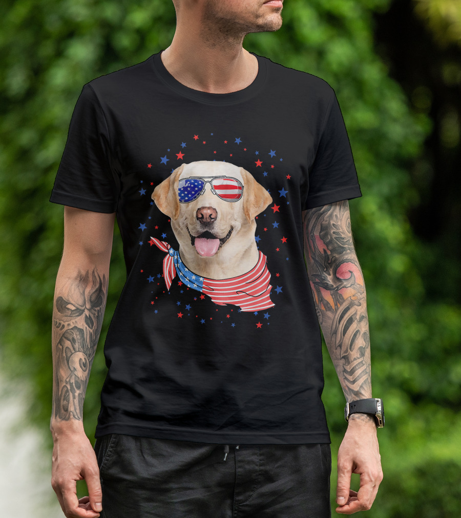 American Flag Labrador With Patriotic Sunglasses And Scarf Surrounded By Stars T-Shirt