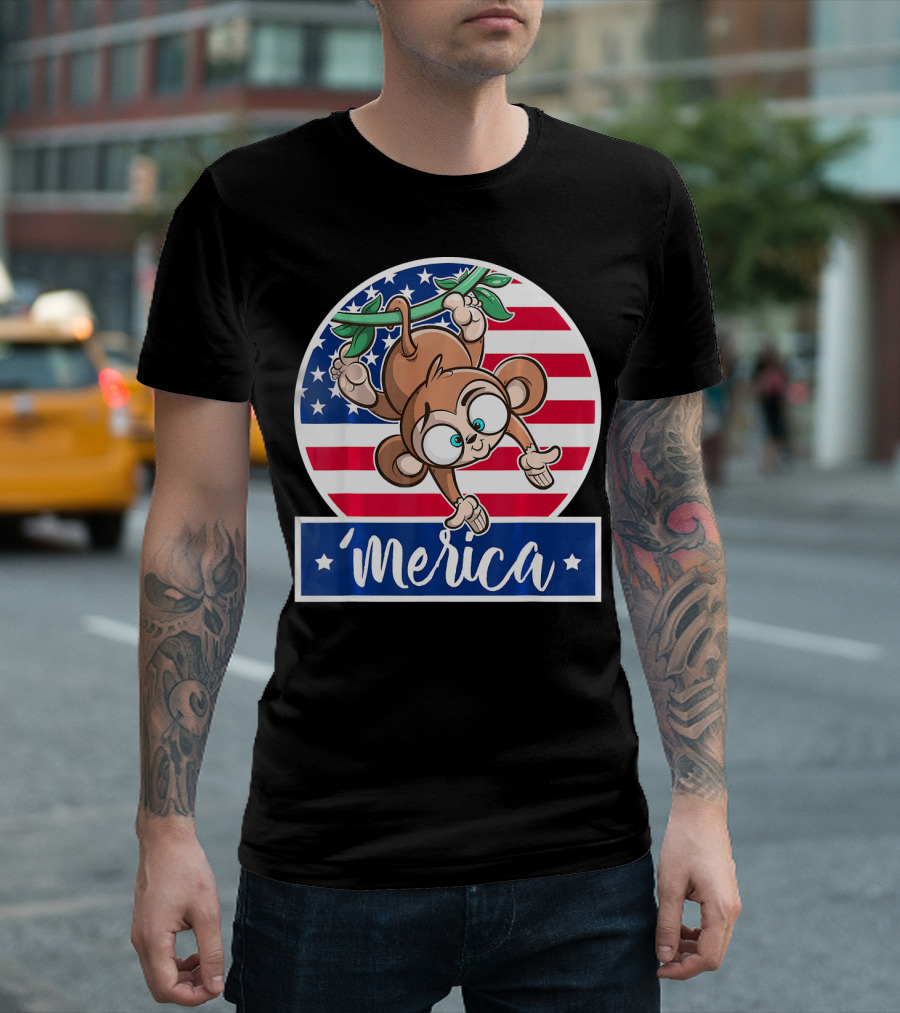 4th of July Merica Monkey with American Flag T-Shirt