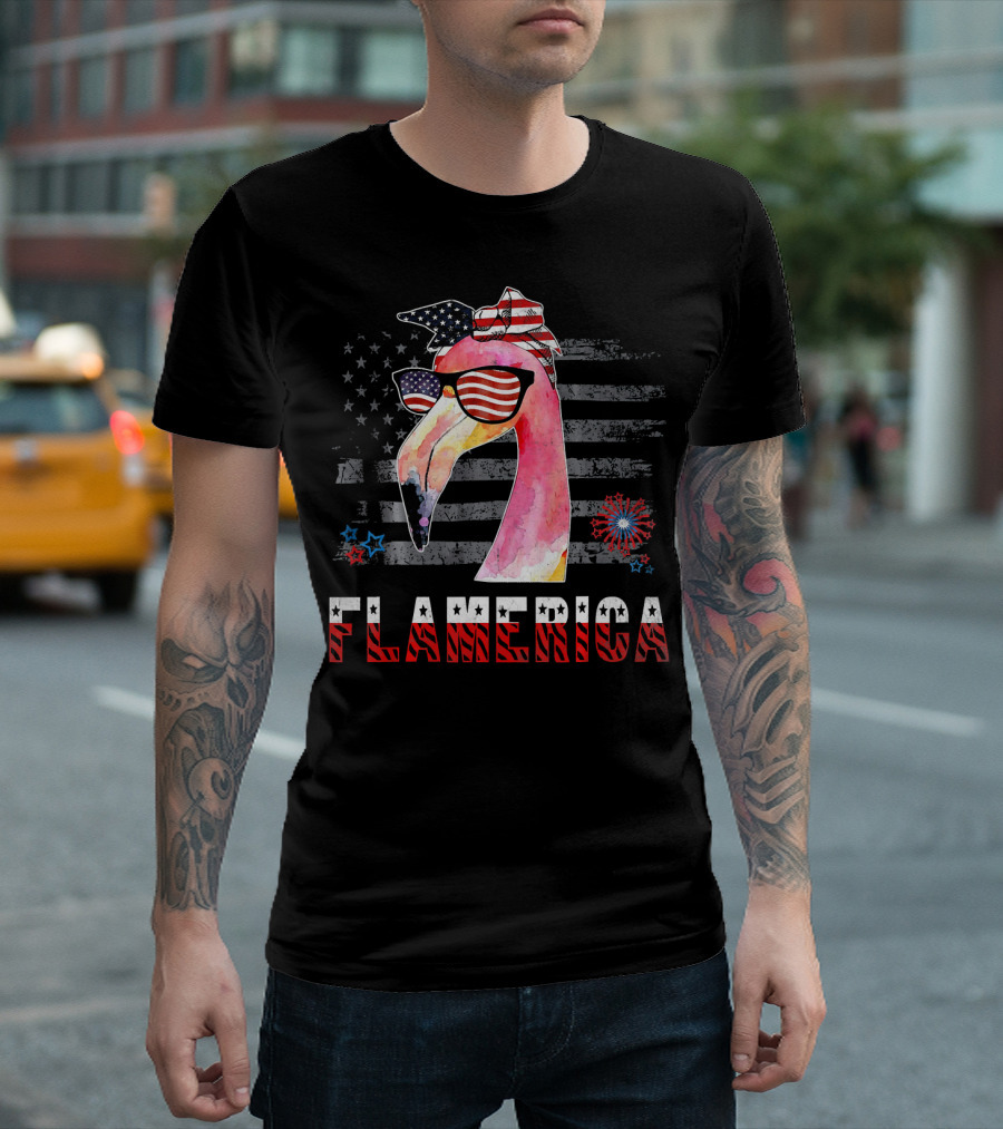 Flamerica 4th Of July Flamingo Stars Stripes Patriotic USA Flag Glasses T-Shirt