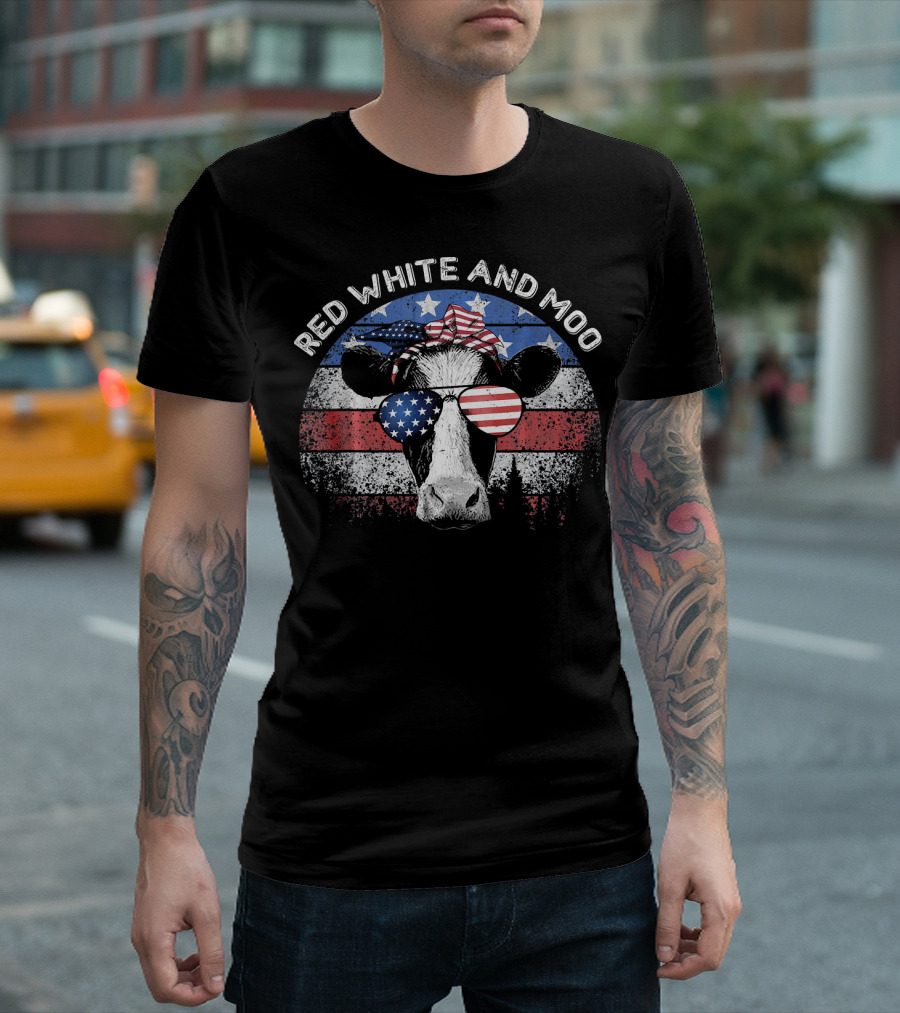 Red White And Moo 4th of July Cow American Flag Sunglasses T-Shirt