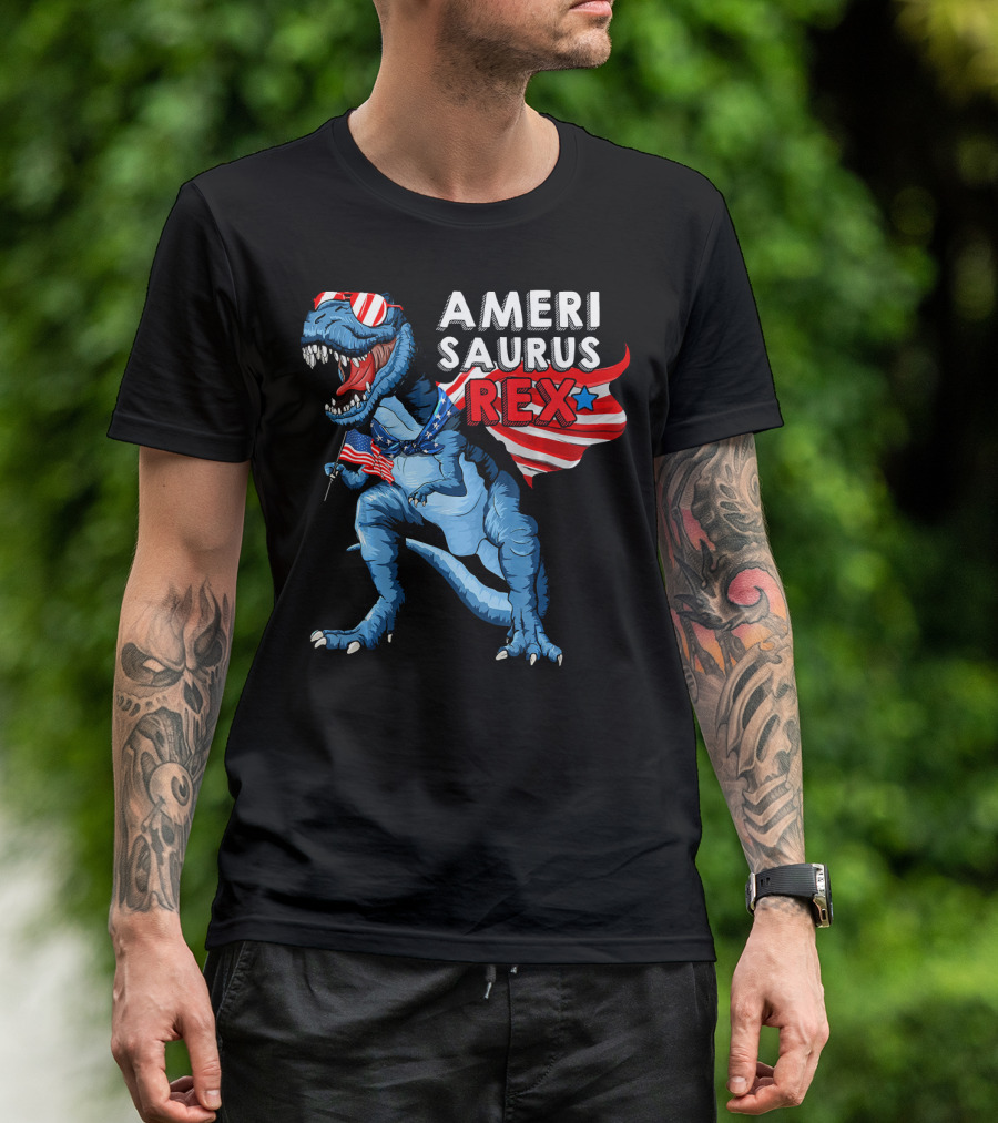 AMERISAURUS REX Dinosaur American Flag Stars Stripes T-Shirt