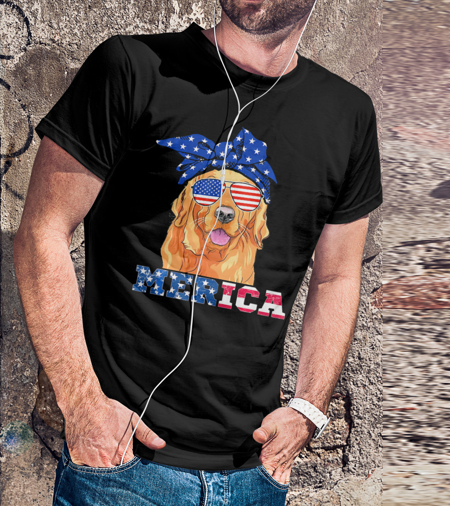 Merica Patriotic Golden Retriever With American Flag Bandana And Sunglasses T-Shirt