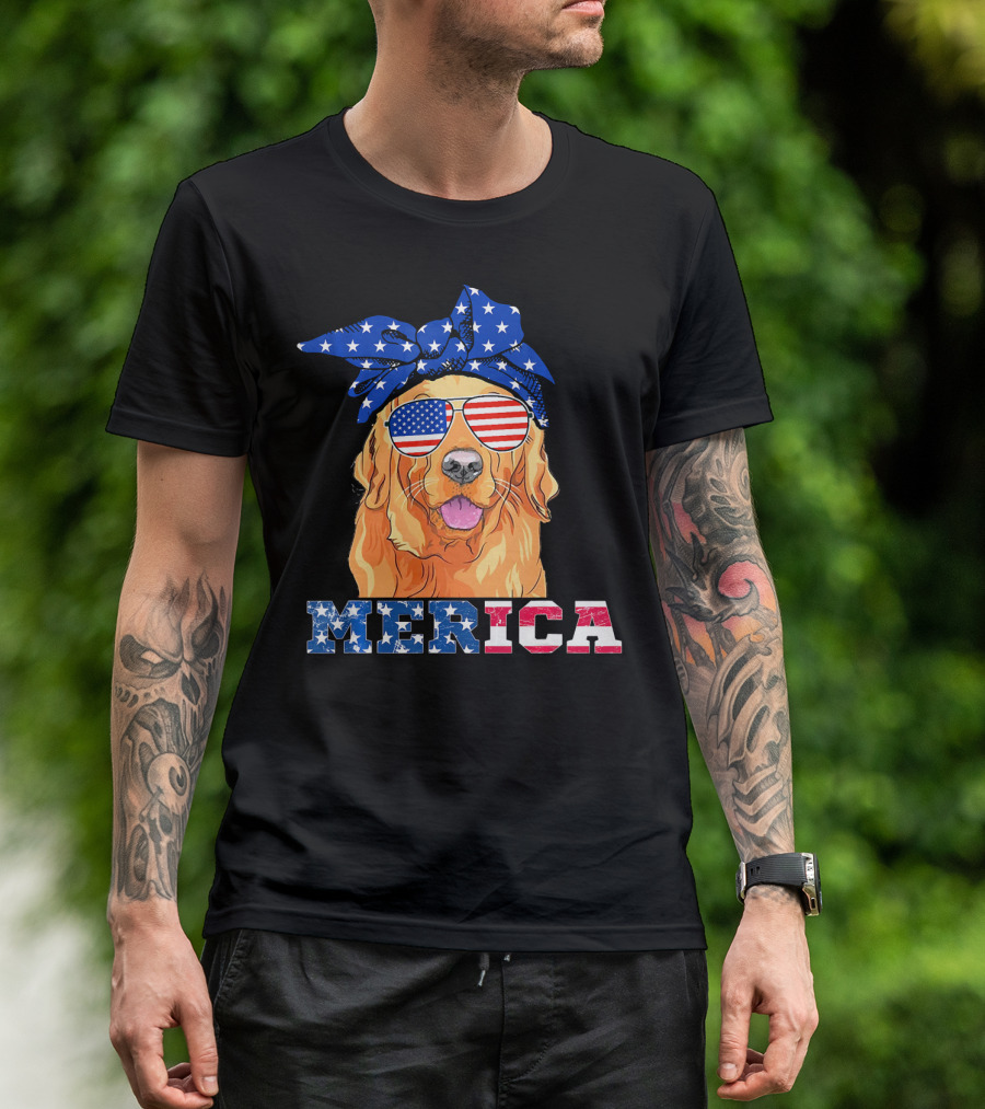 Merica Patriotic Golden Retriever With American Flag Bandana And Sunglasses T-Shirt