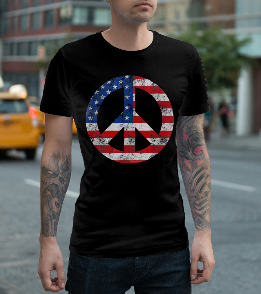 Vintage Patriotic Peace Sign American Flag T-Shirt