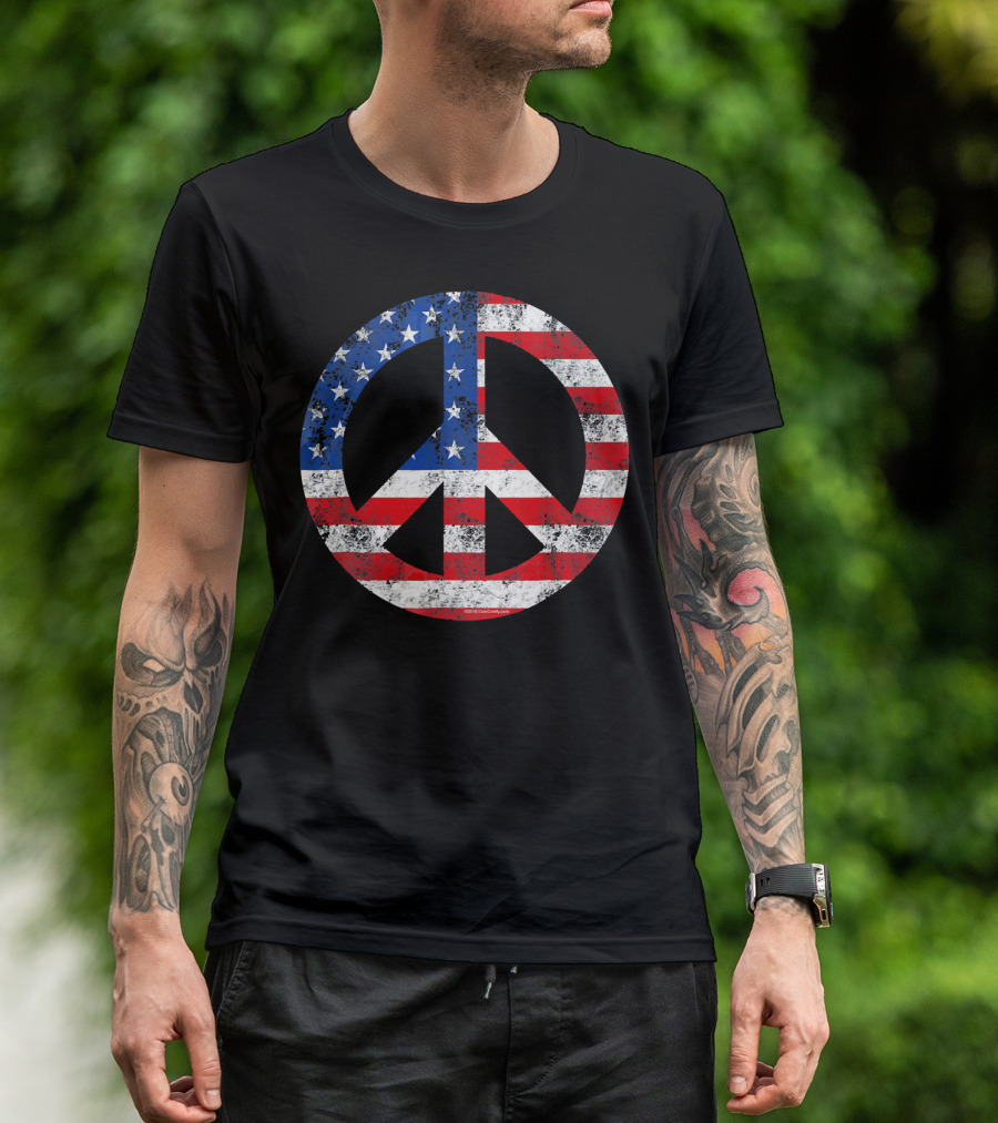 Vintage Patriotic Peace Sign American Flag T-Shirt