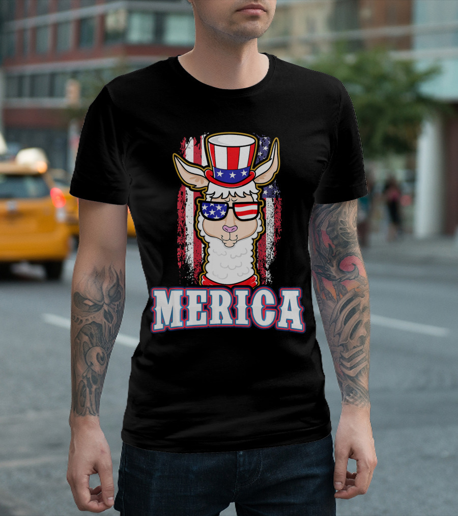 Patriotic Llama Merica American Flag US T-Shirt
