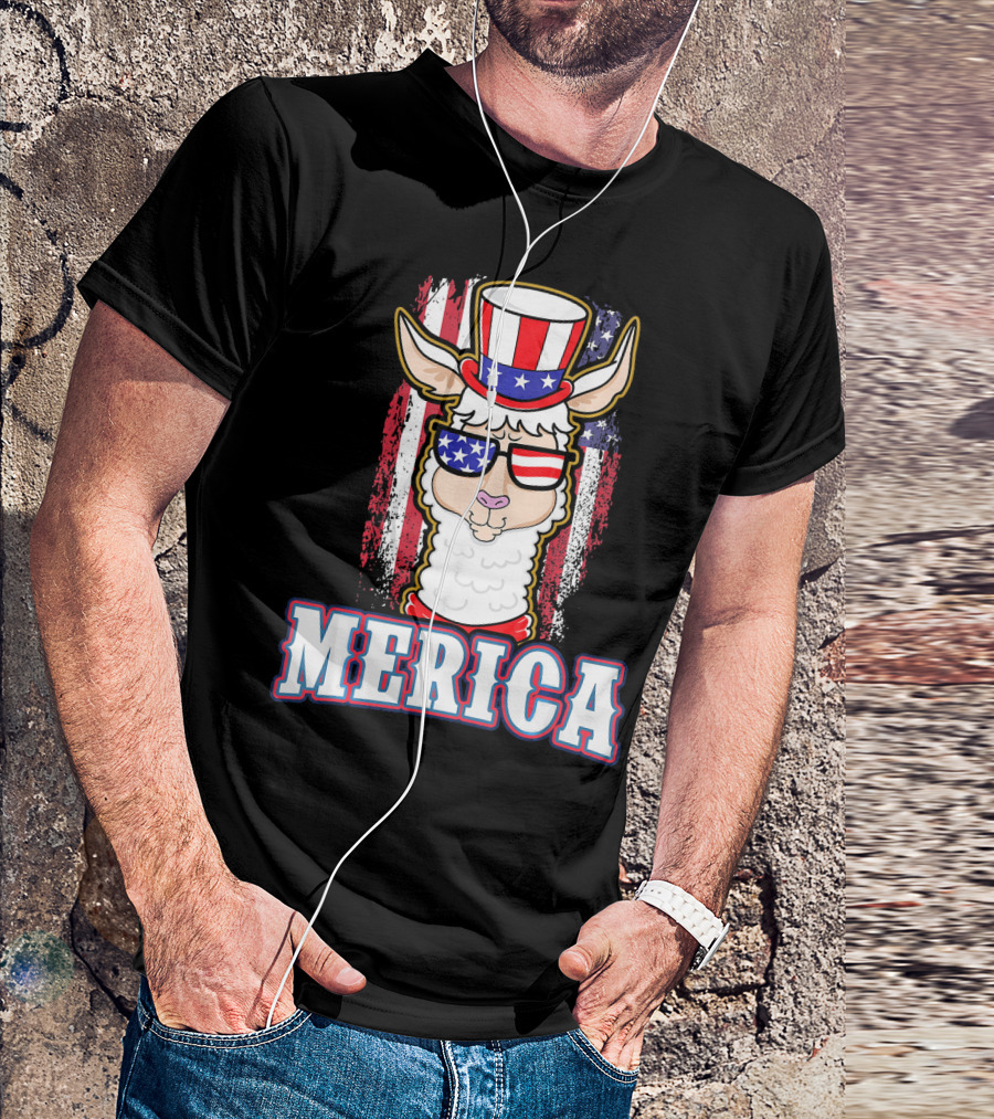 Patriotic Llama Merica American Flag US T-Shirt