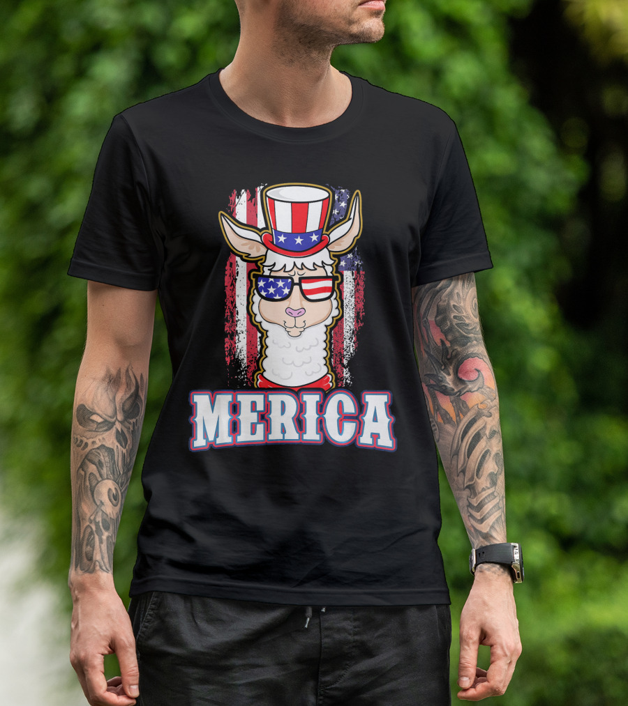 Patriotic Llama Merica American Flag US T-Shirt