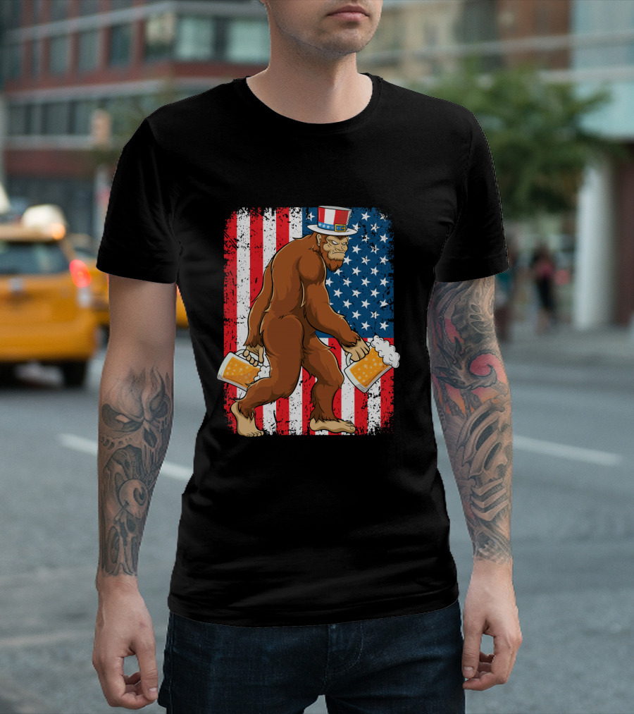 Bigfoot USA Flag Uncle Sam Hat with Beer T-Shirt