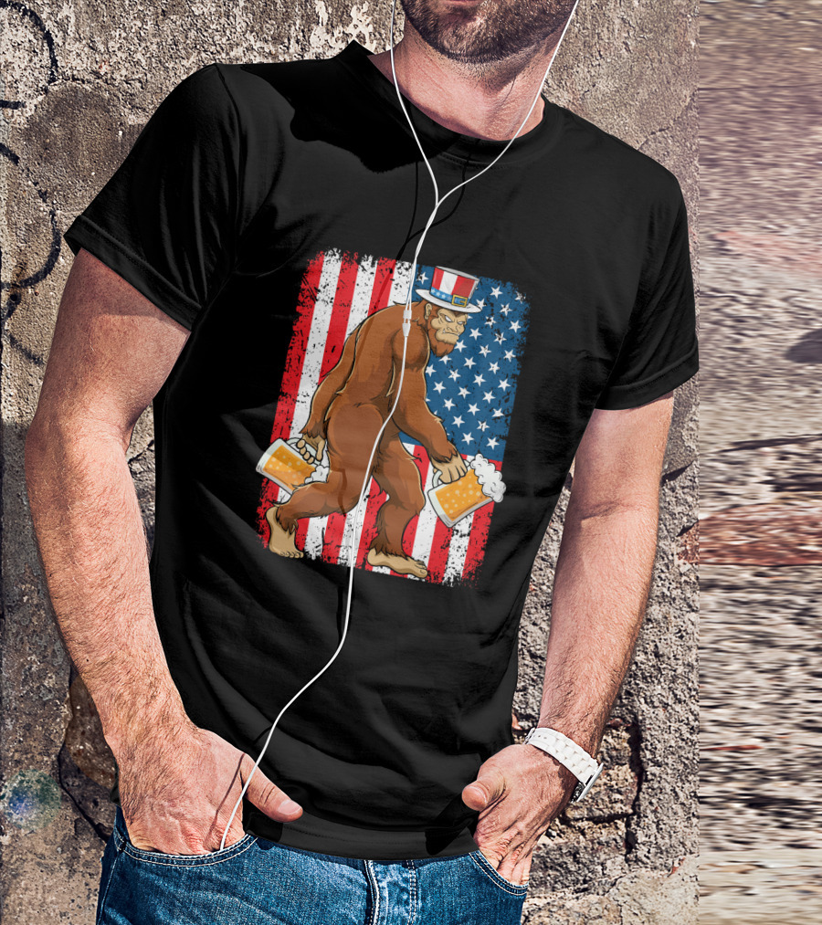 Bigfoot USA Flag Uncle Sam Hat With Beer T-Shirt