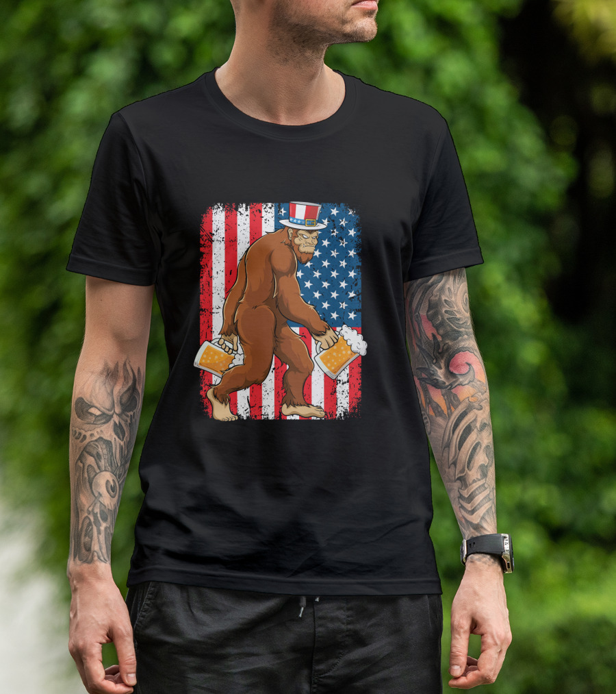 Bigfoot USA Flag Uncle Sam Hat With Beer T-Shirt