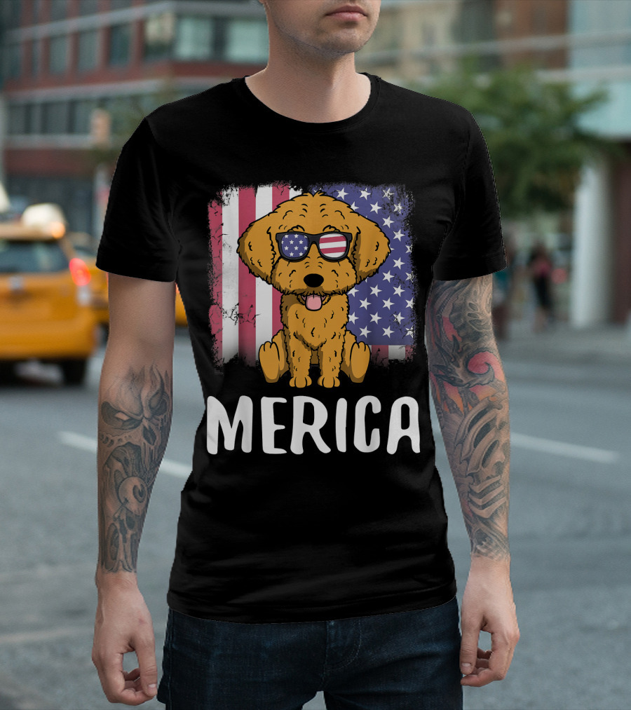 Merica Goldendoodle Dog With American Flag Sunglasses And US Flag Background T-Shirt