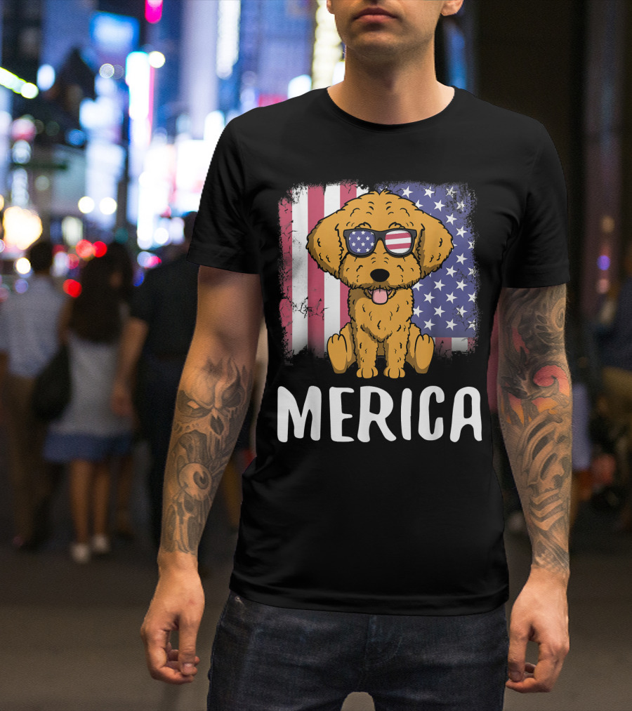 Merica Goldendoodle Dog With American Flag Sunglasses And US Flag Background T-Shirt