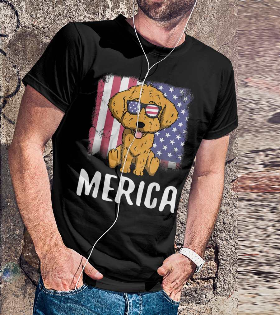 Merica Goldendoodle Dog With American Flag Sunglasses And US Flag Background T-Shirt