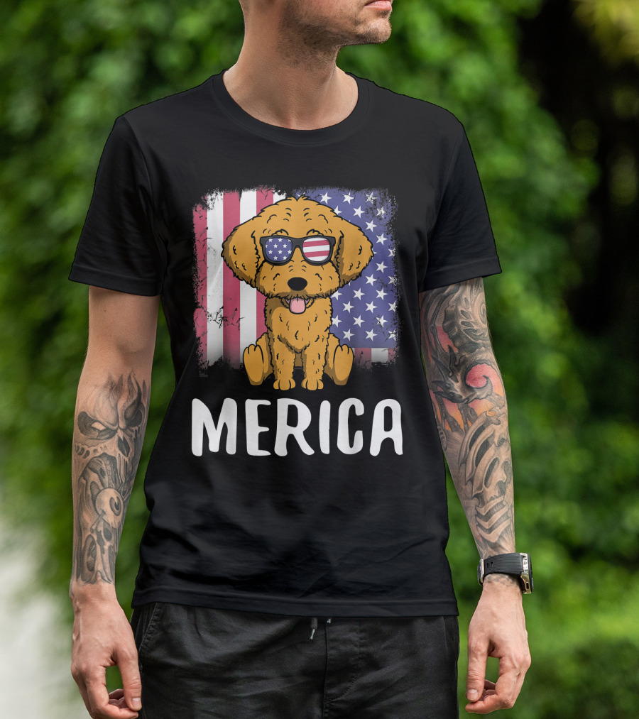 Merica Goldendoodle Dog With American Flag Sunglasses And US Flag Background T-Shirt
