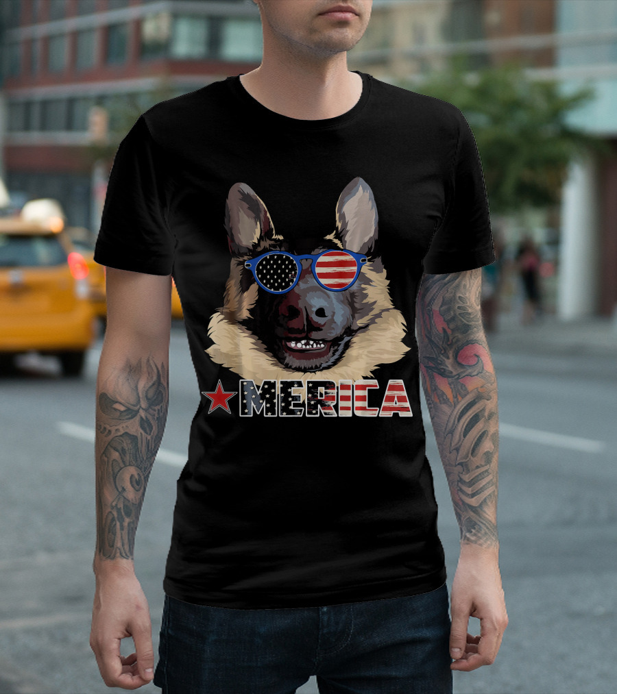 MERICA German Shepherd US Flag Sunglasses T-Shirt