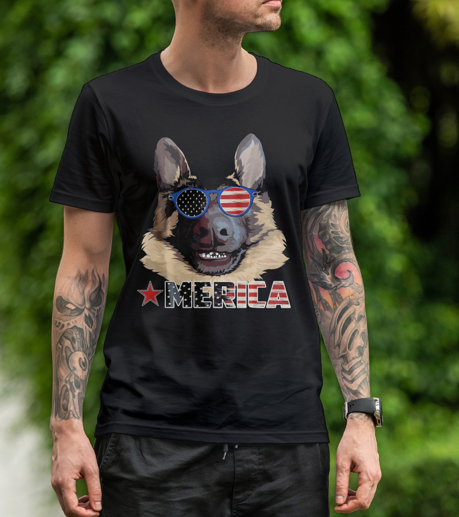 MERICA German Shepherd US Flag Sunglasses T-Shirt