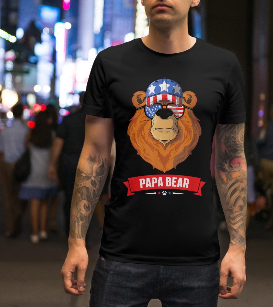 Papa Bear American Flag Sunglasses Stars Stripes 4th Of July T-Shirt