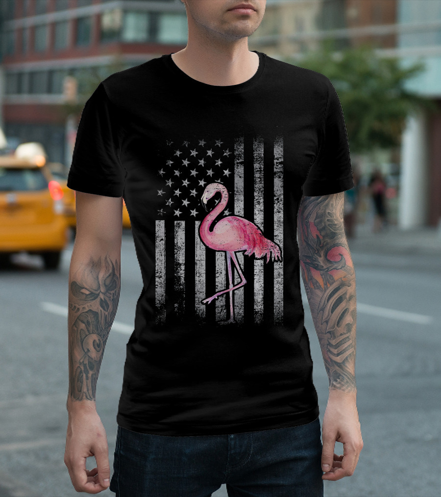 American Flag Stars and Stripes Pink Flamingo Patriotic T-Shirt