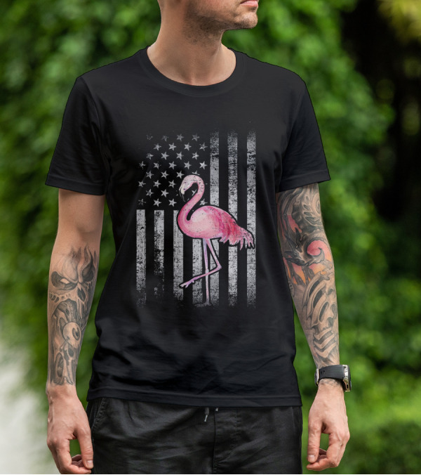 American Flag Stars And Stripes Pink Flamingo Patriotic T-Shirt