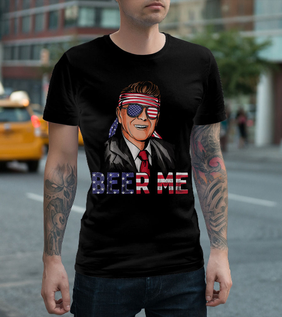Ronald Reagan Beer Me Patriotic American Flag Bandana and Sunglasses T-Shirt