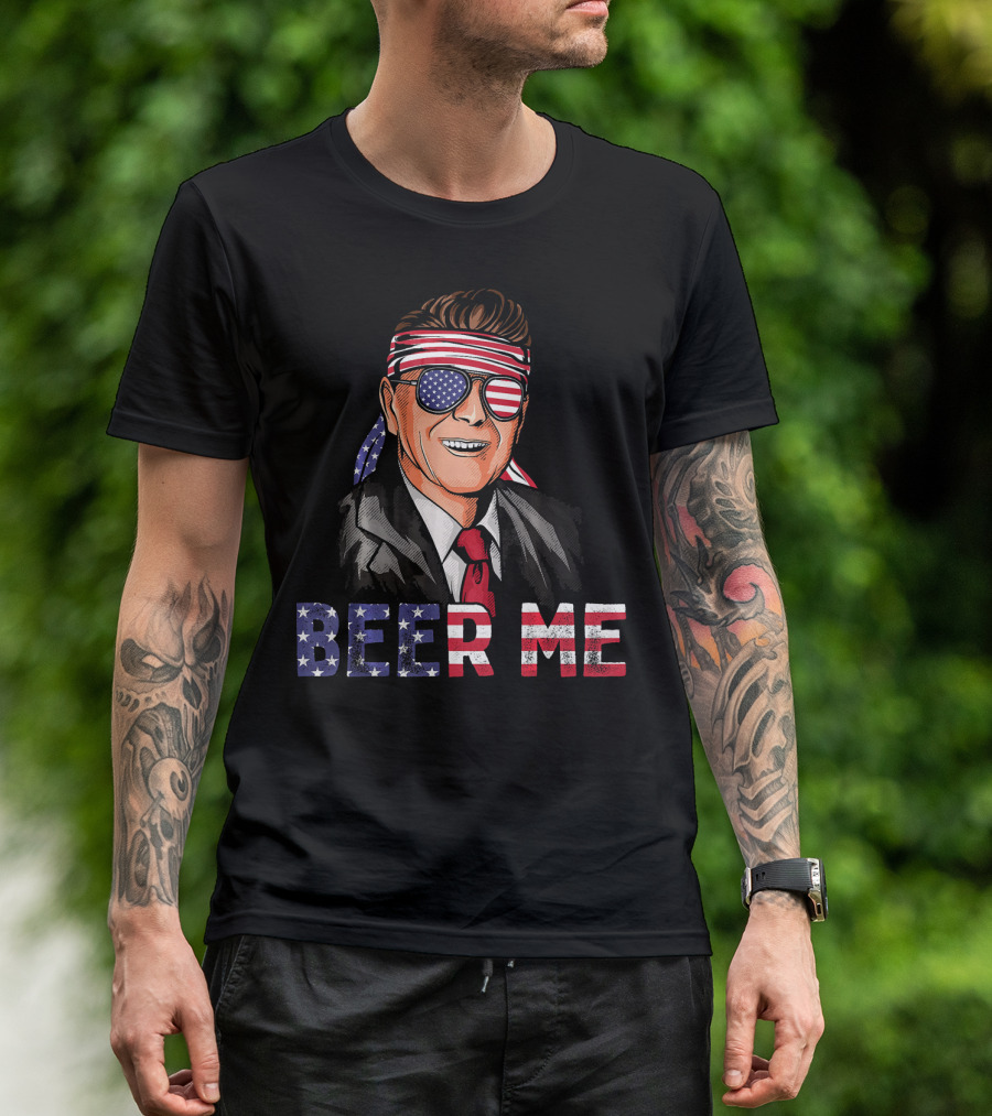 Ronald Reagan Beer Me Patriotic American Flag Bandana And Sunglasses T-Shirt