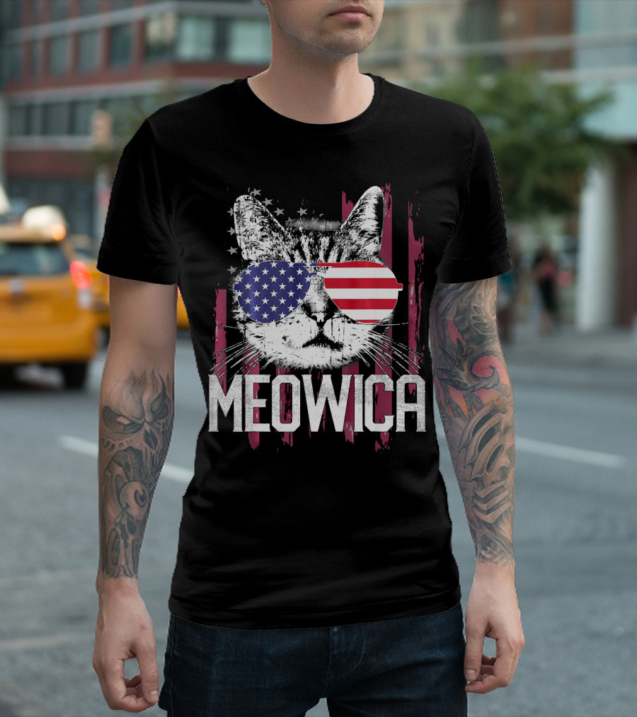 MEOWICA American Flag Sunglasses Cat for 4th of July T-Shirt