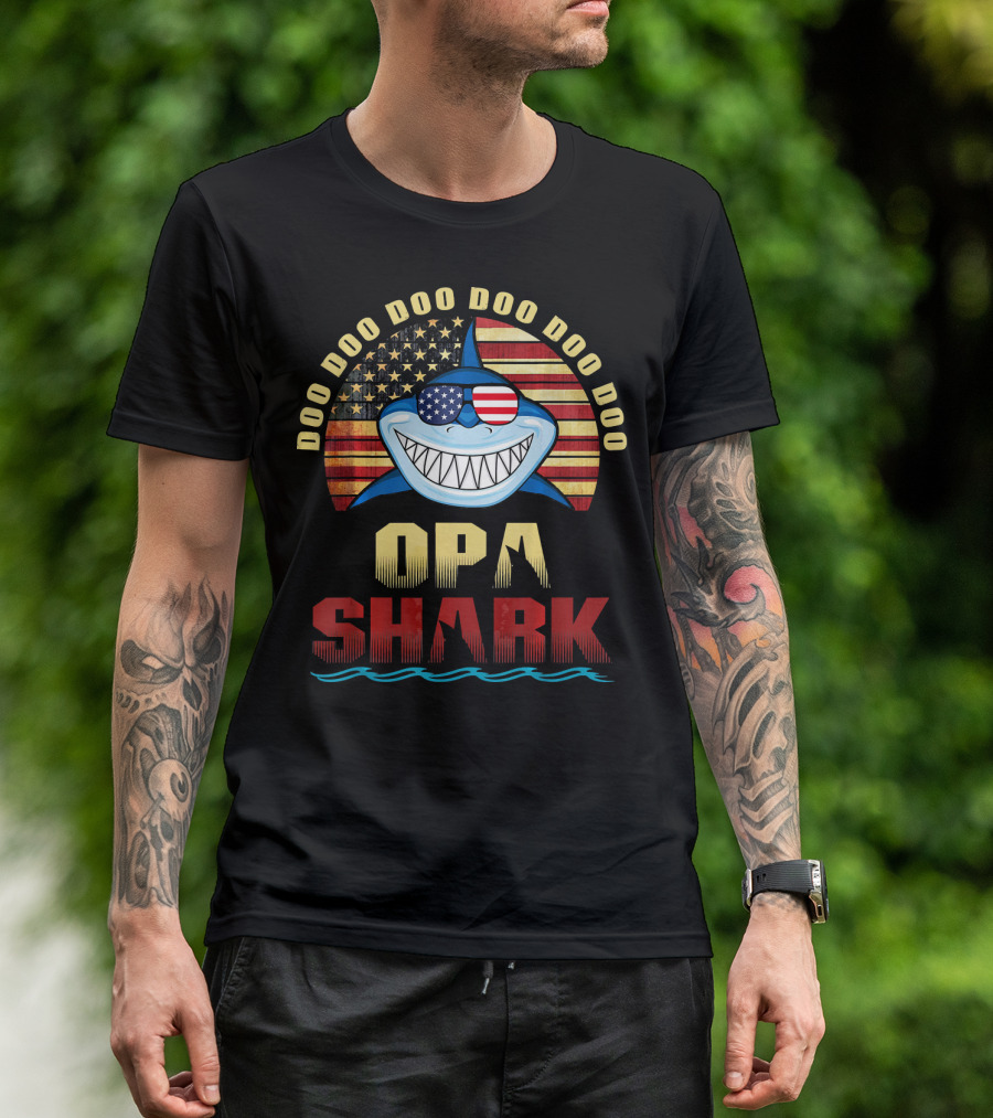 Doo Doo Doo Doo Doo Opa Shark American Flag Fathers T-Shirt