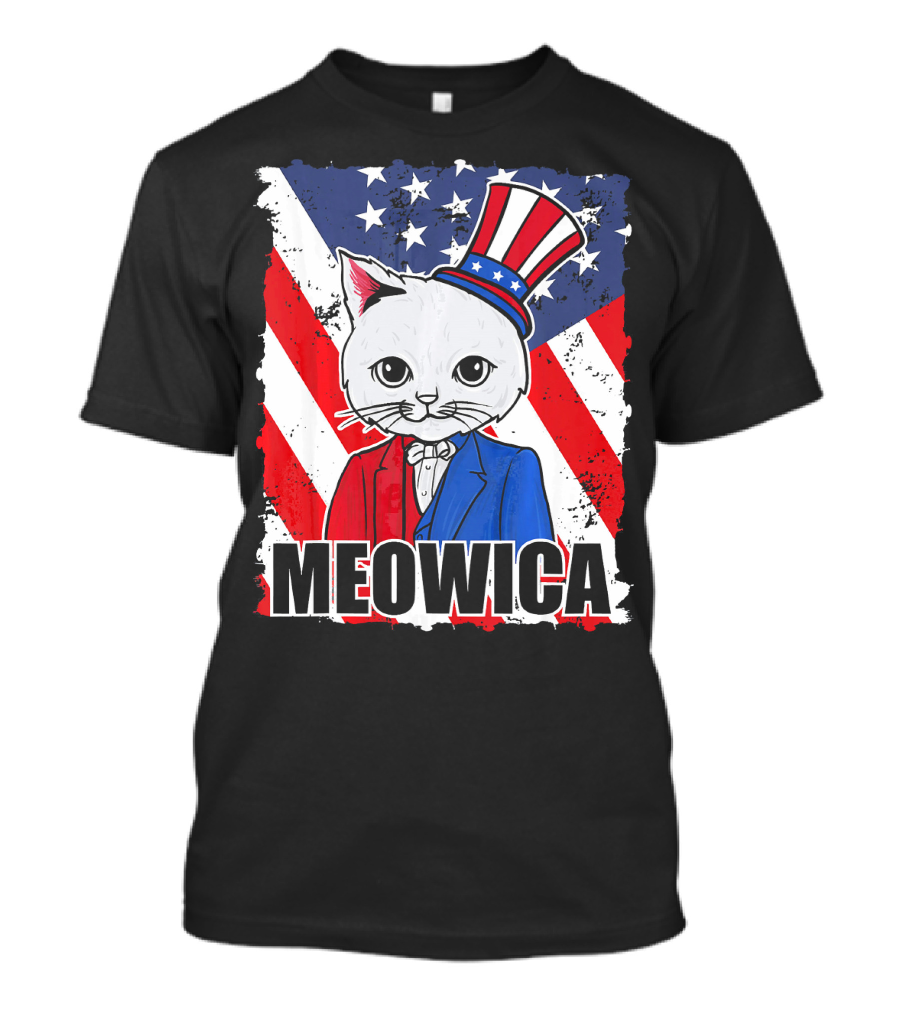 Meowica Cat With Uncle Sam Hat And American Flag Background T-Shirt