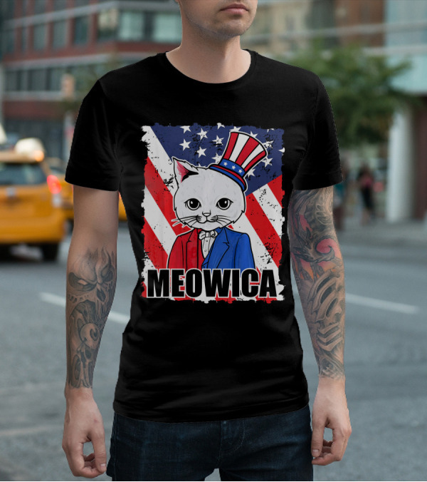 Meowica Cat With Uncle Sam Hat And American Flag Background T-Shirt