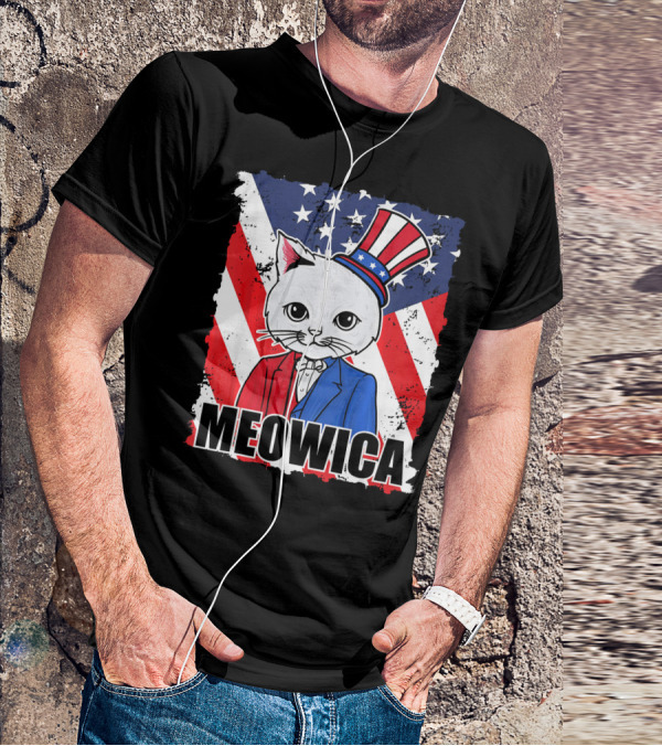 Meowica Cat With Uncle Sam Hat And American Flag Background T-Shirt