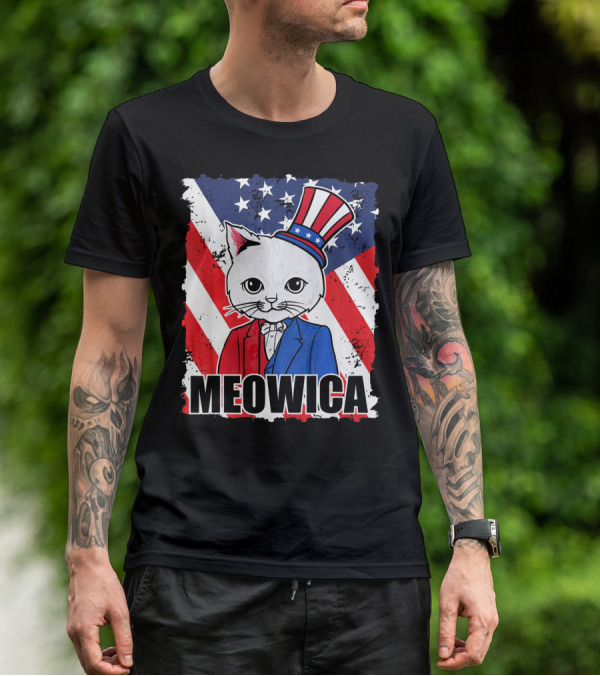 Meowica Cat With Uncle Sam Hat And American Flag Background T-Shirt