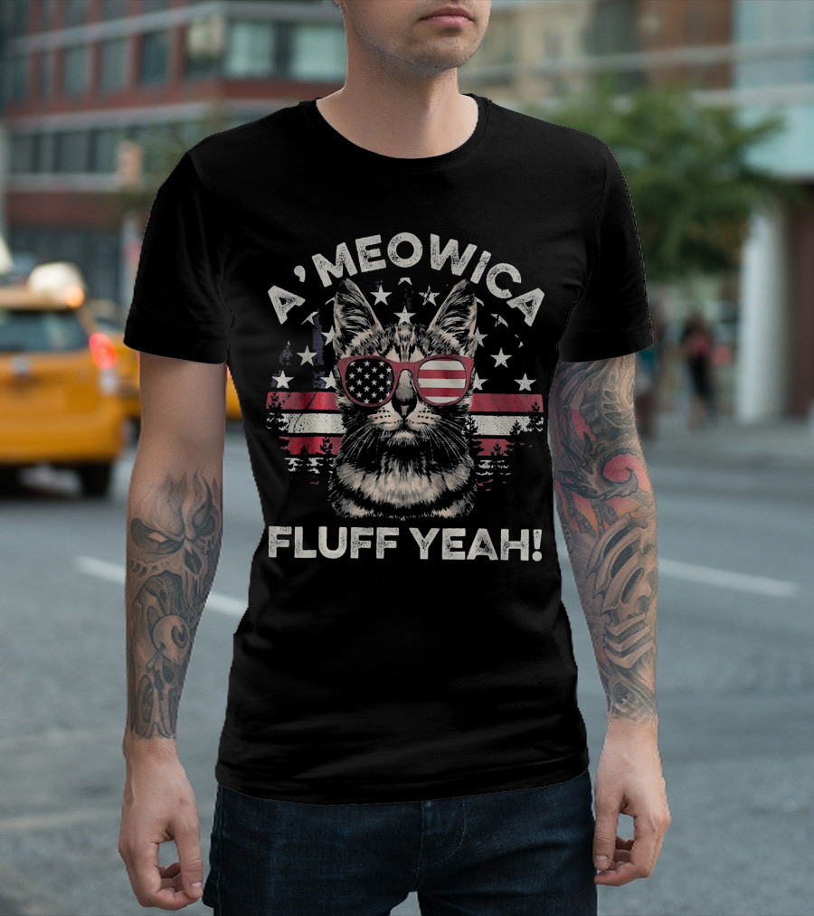 Ameowica Fluff Yeah Cat with American Flag Sunglasses and Stars T-Shirt