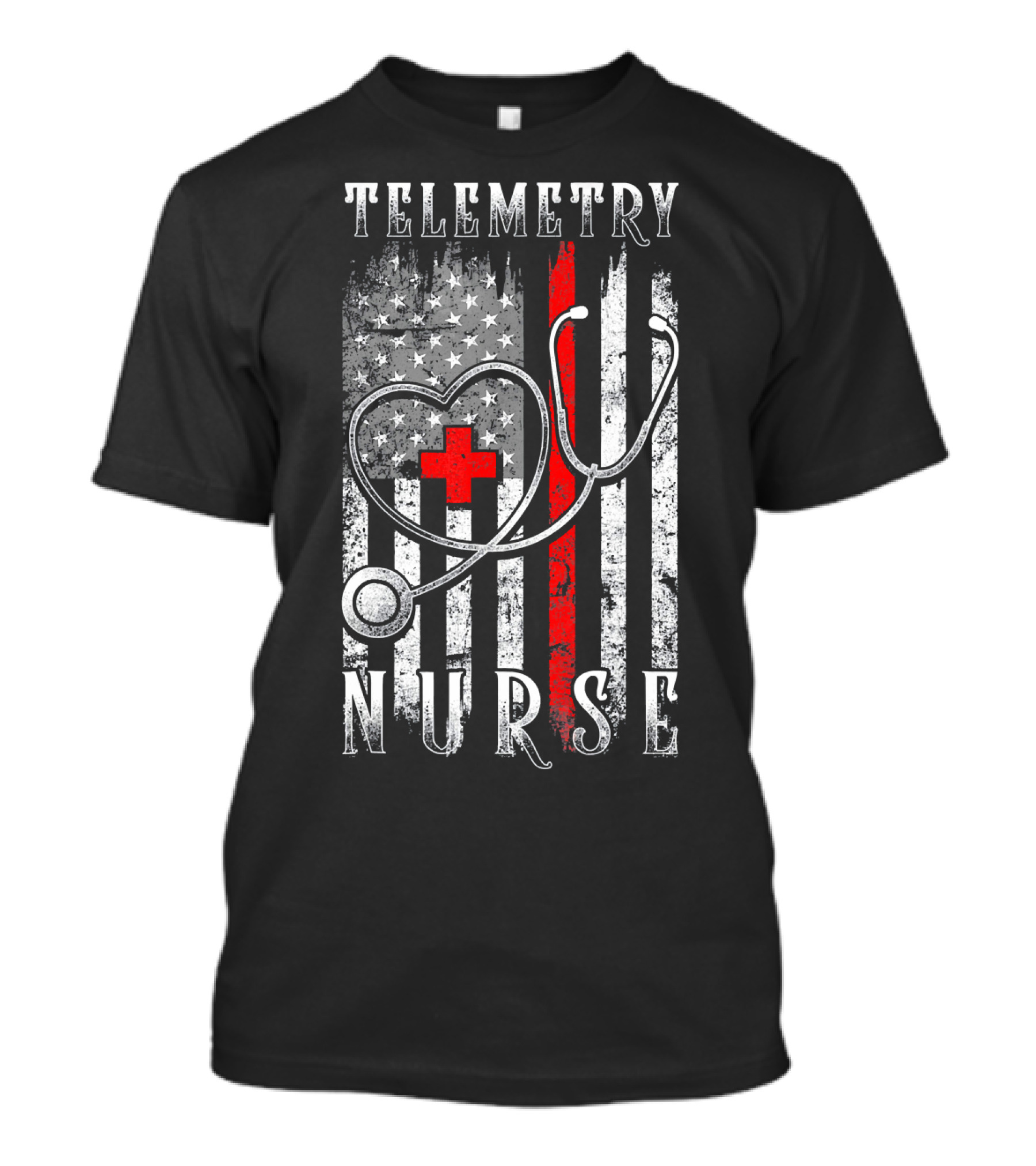 Telemetry Nurse Distressed American Flag Stethoscope Heart Red Cross T-Shirt