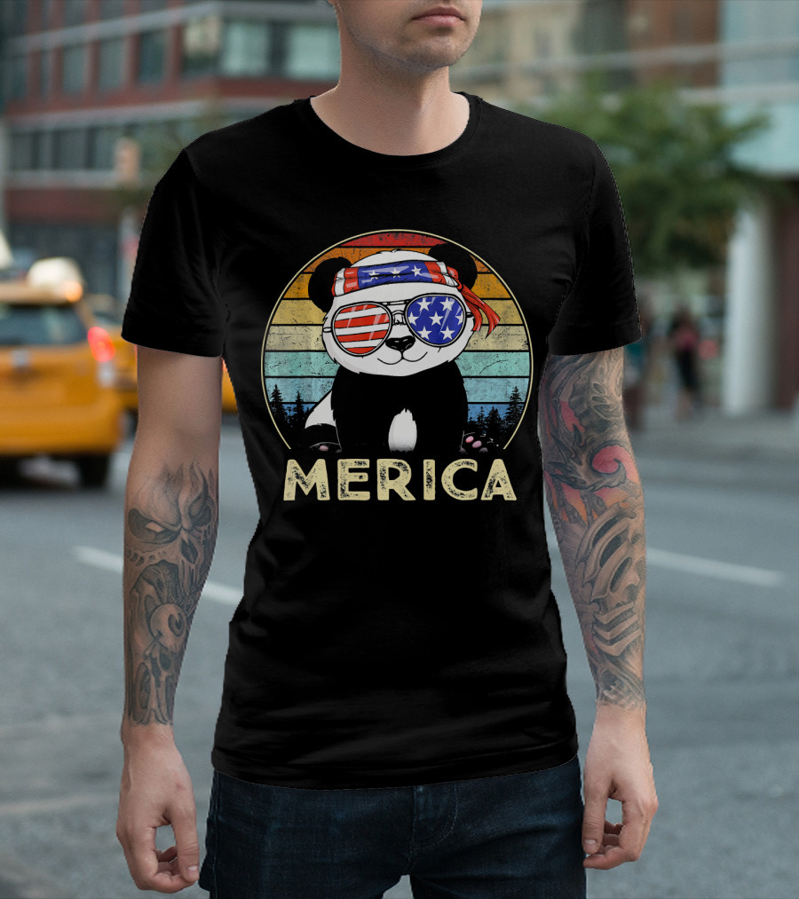 Panda Bear Merica 4th Of July Stars And Stripes Bandana And Sunglasses T-Shirt