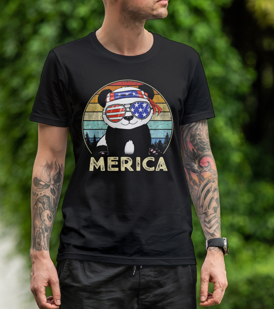 Panda Bear Merica 4th Of July Stars And Stripes Bandana And Sunglasses T-Shirt