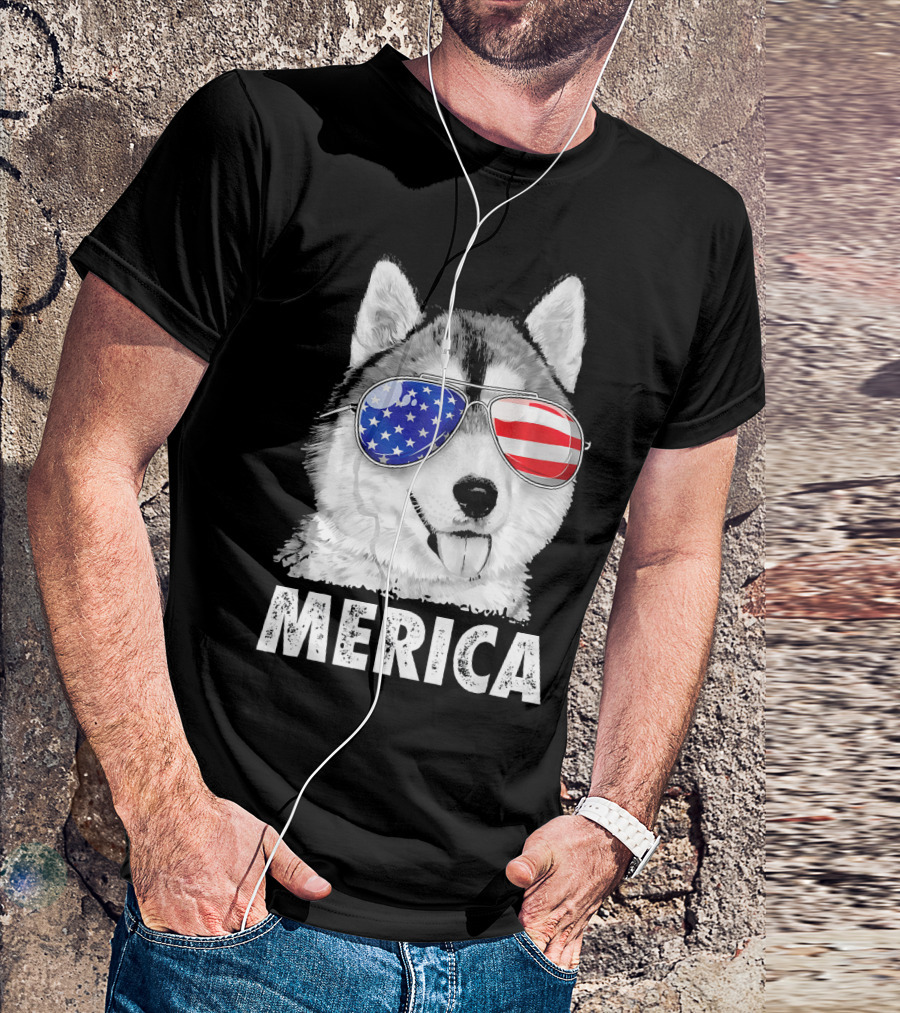 Siberian Husky Merica With 4th Of July American Flag Sunglasses T-Shirt