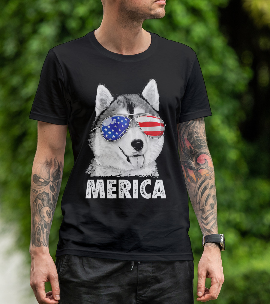 Siberian Husky Merica With 4th Of July American Flag Sunglasses T-Shirt